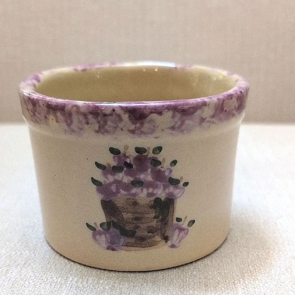Handcrafted Alpine Pottery Mini Crock Cream and Purple Bowl Planter Vintage